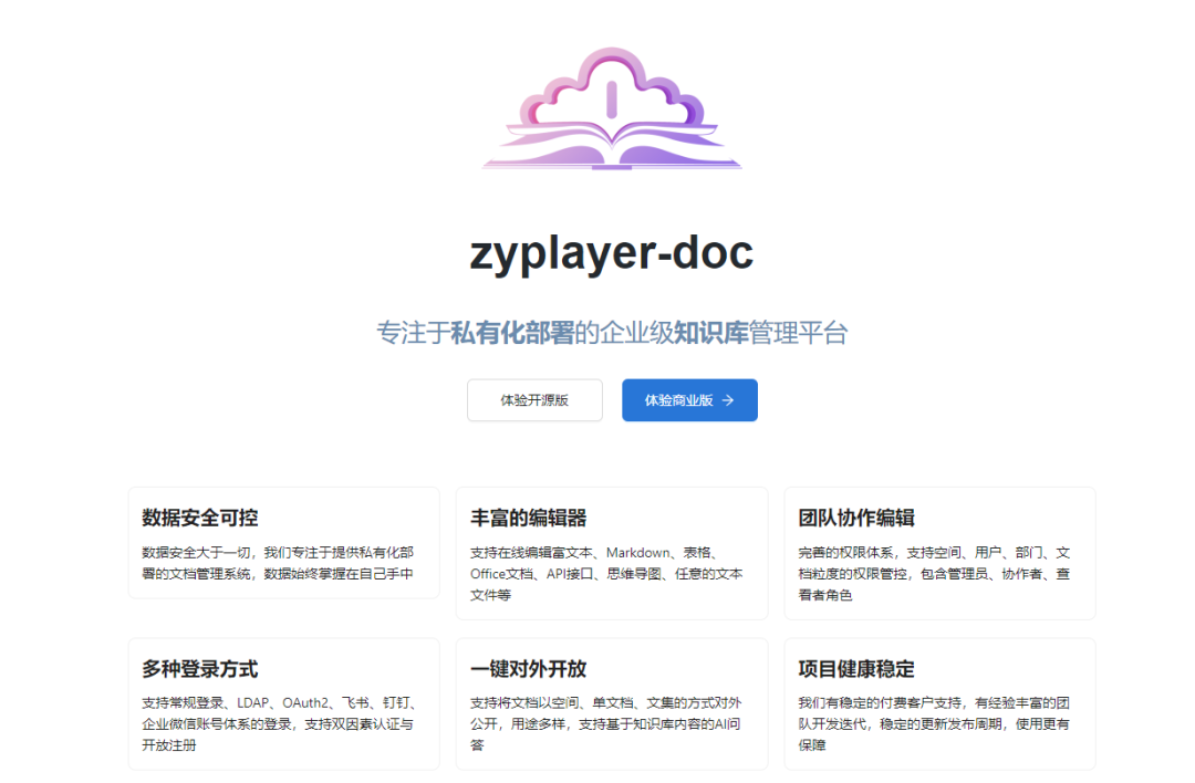 一款专注于个人与企业私有化部署使用的在线知识库管理平台，丰富的功能可满足企业几乎所有的文档管理场景需求